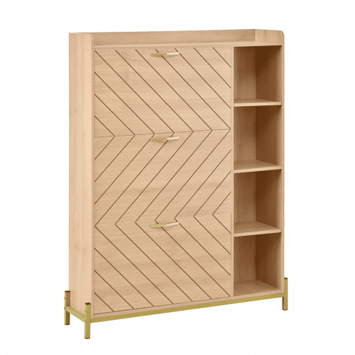 Aparador de entrada ultrafino - estilo nĂ³rdico, 3 portas basculantes, grande capacidade, prateleiras laterais abertas, acabamento em veios de carvalho - natural Aparador de entrada ultrafino - estilo nĂ³rdico, 3 portas basculantes, grande capacidade, prateleiras laterais abertas, acabamento em veios de carvalho - natural