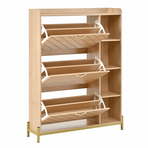 Aparador de entrada ultrafino - estilo nĂ³rdico, 3 portas basculantes, grande capacidade, prateleiras laterais abertas, acabamento em veios de carvalho - natural Aparador de entrada ultrafino - estilo nĂ³rdico, 3 portas basculantes, grande capacidade, prateleiras laterais abertas, acabamento em veios de carvalho - natural