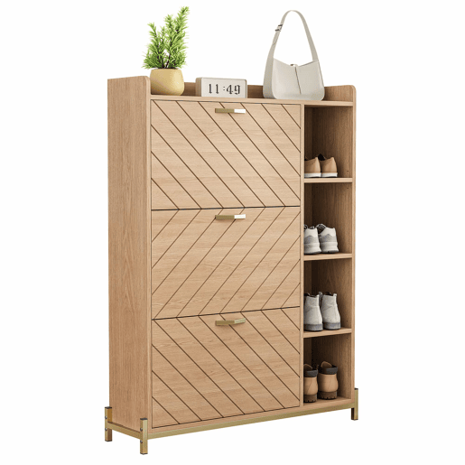 Aparador de entrada ultrafino - estilo nĂ³rdico, 3 portas basculantes, grande capacidade, prateleiras laterais abertas, acabamento em veios de carvalho - natural Aparador de entrada ultrafino - estilo nĂ³rdico, 3 portas basculantes, grande capacidade, prateleiras laterais abertas, acabamento em veios de carvalho - natural
