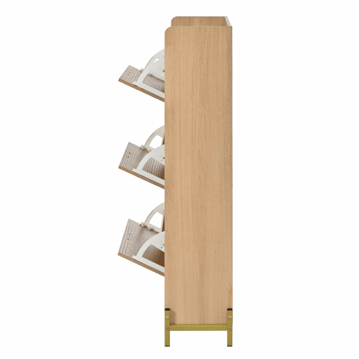 Aparador de entrada ultrafino - estilo nĂ³rdico, 3 portas basculantes, grande capacidade, prateleiras laterais abertas, acabamento em veios de carvalho - natural Aparador de entrada ultrafino - estilo nĂ³rdico, 3 portas basculantes, grande capacidade, prateleiras laterais abertas, acabamento em veios de carvalho - natural