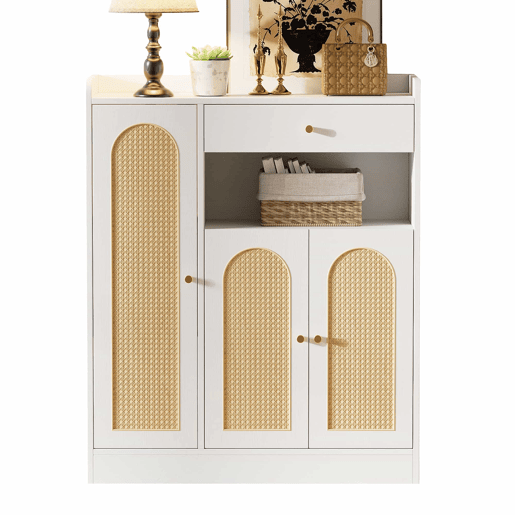 Armário de vime  Armário de arrumação com espaço, 1 gaveta, 3 portas com prateleiras ajustáveis, para a entrada, sala de jantar e corredor, 90 x 35 x 110 cm - Branco + Natural