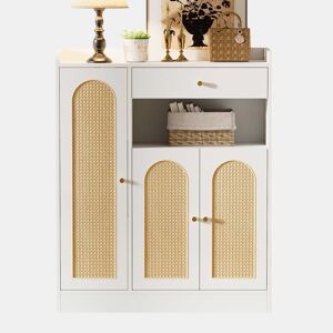 Armário de vime  Armário de arrumação com espaço, 1 gaveta, 3 portas com prateleiras ajustáveis, para a entrada, sala de jantar e corredor, 90 x 35 x 110 cm - Branco + Natural