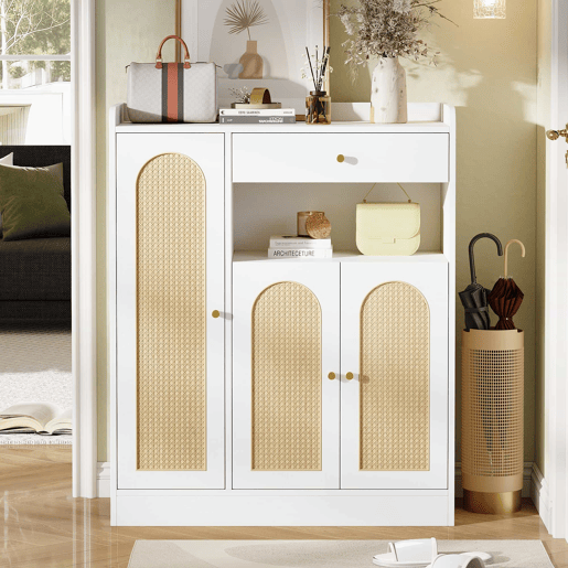 Armário de vime  Armário de arrumação com espaço, 1 gaveta, 3 portas com prateleiras ajustáveis, para a entrada, sala de jantar e corredor, 90 x 35 x 110 cm - Branco + Natural