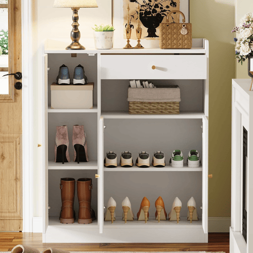 Armário de vime  Armário de arrumação com espaço, 1 gaveta, 3 portas com prateleiras ajustáveis, para a entrada, sala de jantar e corredor, 90 x 35 x 110 cm - Branco + Natural