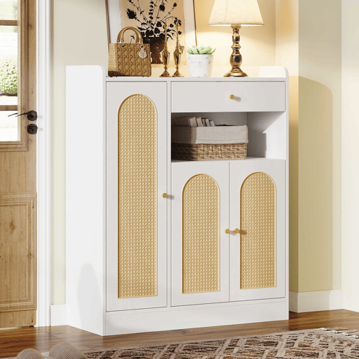 Armário de vime  Armário de arrumação com espaço, 1 gaveta, 3 portas com prateleiras ajustáveis, para a entrada, sala de jantar e corredor, 90 x 35 x 110 cm - Branco + Natural