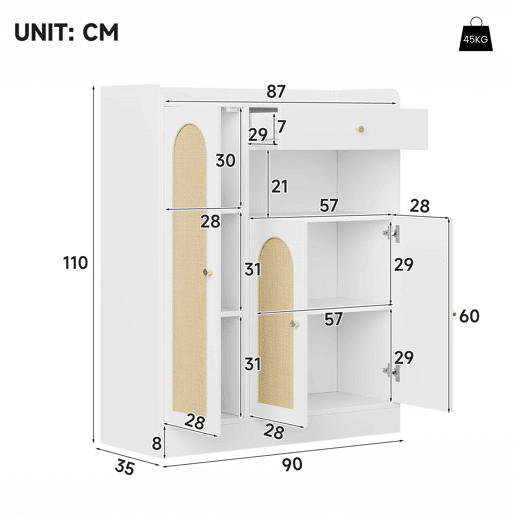 Armário de vime  Armário de arrumação com espaço, 1 gaveta, 3 portas com prateleiras ajustáveis, para a entrada, sala de jantar e corredor, 90 x 35 x 110 cm - Branco + Natural