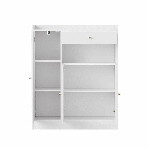 Armário de vime  Armário de arrumação com espaço, 1 gaveta, 3 portas com prateleiras ajustáveis, para a entrada, sala de jantar e corredor, 90 x 35 x 110 cm - Branco + Natural