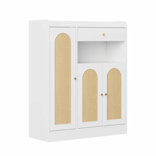 Armário de vime  Armário de arrumação com espaço, 1 gaveta, 3 portas com prateleiras ajustáveis, para a entrada, sala de jantar e corredor, 90 x 35 x 110 cm - Branco + Natural