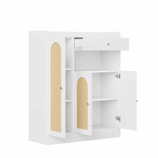 Armário de vime  Armário de arrumação com espaço, 1 gaveta, 3 portas com prateleiras ajustáveis, para a entrada, sala de jantar e corredor, 90 x 35 x 110 cm - Branco + Natural