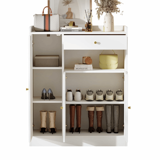 Armário de vime  Armário de arrumação com espaço, 1 gaveta, 3 portas com prateleiras ajustáveis, para a entrada, sala de jantar e corredor, 90 x 35 x 110 cm - Branco + Natural