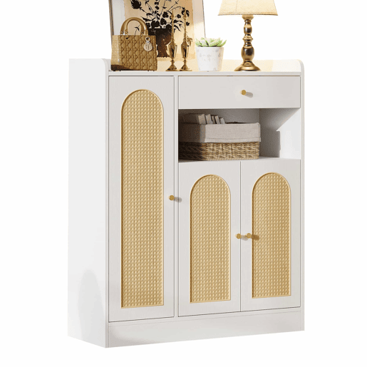 Armário de vime  Armário de arrumação com espaço, 1 gaveta, 3 portas com prateleiras ajustáveis, para a entrada, sala de jantar e corredor, 90 x 35 x 110 cm - Branco + Natural