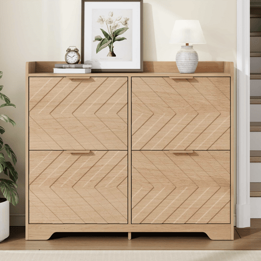 Sapateira com 4 compartimentos - Estrutura frontal em 3D, superfície superior para arrumação, compacta - Natural Sapateira com 4 compartimentos - Estrutura frontal em 3D, superfície superior para arrumação, compacta - Natural