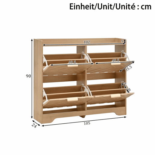 Sapateira com 4 compartimentos - Estrutura frontal em 3D, superfície superior para arrumação, compacta - Natural Sapateira com 4 compartimentos - Estrutura frontal em 3D, superfície superior para arrumação, compacta - Natural