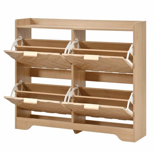 Sapateira com 4 compartimentos - Estrutura frontal em 3D, superfície superior para arrumação, compacta - Natural Sapateira com 4 compartimentos - Estrutura frontal em 3D, superfície superior para arrumação, compacta - Natural