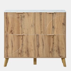 Armário com portas de batente - grande capacidade, 4 portas, bancada com efeito de mármore, painéis 3D, pés em madeira maciça - Natural