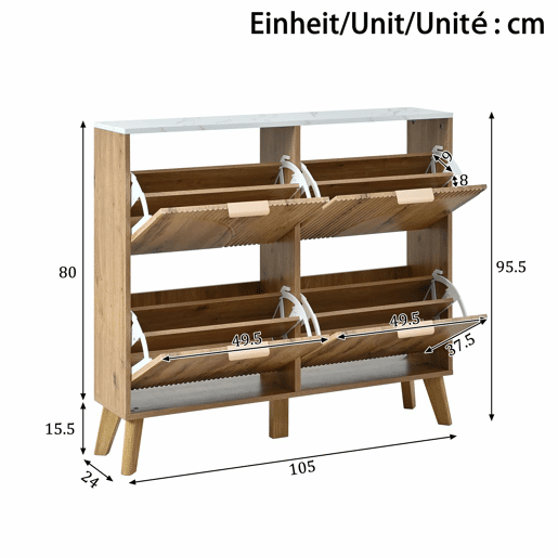 Armário com portas de batente - grande capacidade, 4 portas, bancada com efeito de mármore, painéis 3D, pés em madeira maciça - Natural