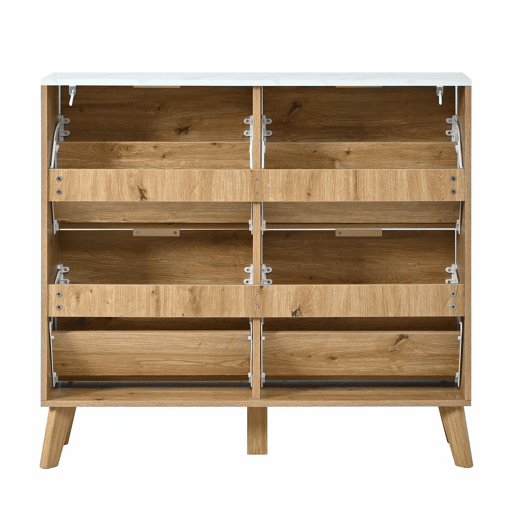 Armário com portas de batente - grande capacidade, 4 portas, bancada com efeito de mármore, painéis 3D, pés em madeira maciça - Natural