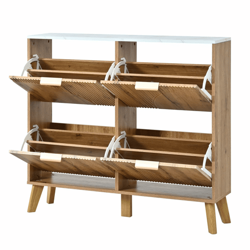 Armário com portas de batente - grande capacidade, 4 portas, bancada com efeito de mármore, painéis 3D, pés em madeira maciça - Natural