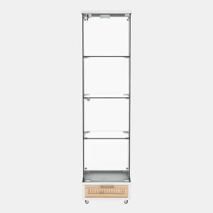 Vitrine moderna 167 x 42,5 x 36,5 cm - com gavetas e iluminação LED, prateleira em vidro temperado, 1 porta, 4 prateleiras - branca