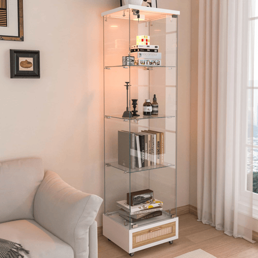 Vitrine moderna 167 x 42,5 x 36,5 cm - com gavetas e iluminação LED, prateleira em vidro temperado, 1 porta, 4 prateleiras - branca Vitrine moderna 167 x 42,5 x 36,5 cm - com gavetas e iluminação LED, prateleira em vidro temperado, 1 porta, 4 prateleiras - branca