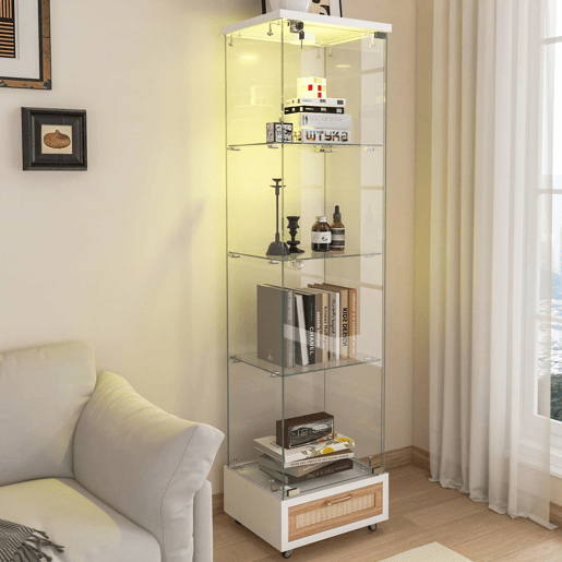 Vitrine moderna 167 x 42,5 x 36,5 cm - com gavetas e iluminação LED, prateleira em vidro temperado, 1 porta, 4 prateleiras - branca Vitrine moderna 167 x 42,5 x 36,5 cm - com gavetas e iluminação LED, prateleira em vidro temperado, 1 porta, 4 prateleiras - branca