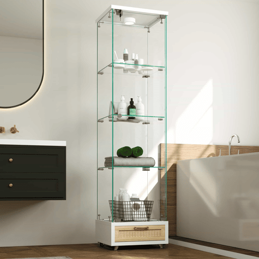 Vitrine moderna 167 x 42,5 x 36,5 cm - com gavetas e iluminação LED, prateleira em vidro temperado, 1 porta, 4 prateleiras - branca Vitrine moderna 167 x 42,5 x 36,5 cm - com gavetas e iluminação LED, prateleira em vidro temperado, 1 porta, 4 prateleiras - branca