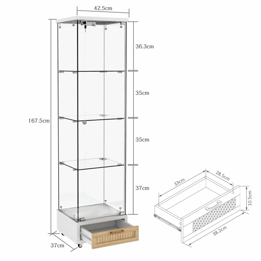 Vitrine moderna 167 x 42,5 x 36,5 cm - com gavetas e iluminação LED, prateleira em vidro temperado, 1 porta, 4 prateleiras - branca Vitrine moderna 167 x 42,5 x 36,5 cm - com gavetas e iluminação LED, prateleira em vidro temperado, 1 porta, 4 prateleiras - branca