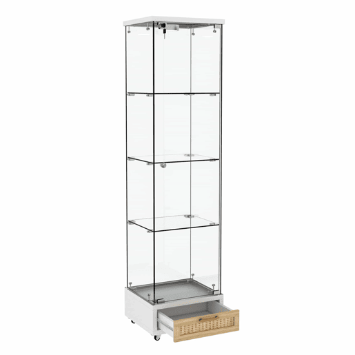 Vitrine moderna 167 x 42,5 x 36,5 cm - com gavetas e iluminação LED, prateleira em vidro temperado, 1 porta, 4 prateleiras - branca Vitrine moderna 167 x 42,5 x 36,5 cm - com gavetas e iluminação LED, prateleira em vidro temperado, 1 porta, 4 prateleiras - branca