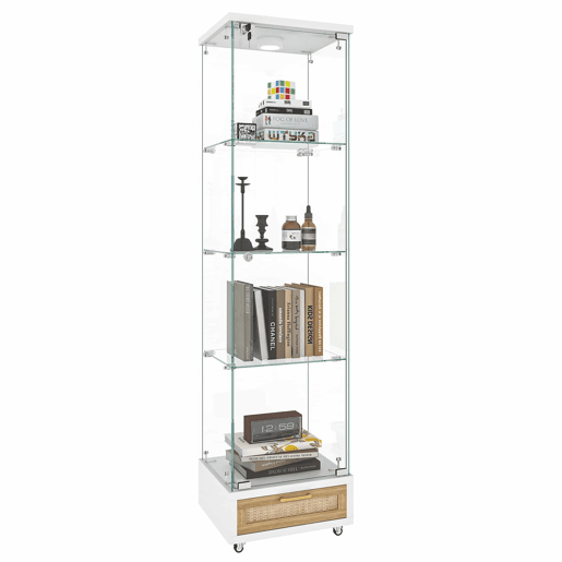 Vitrine moderna 167 x 42,5 x 36,5 cm - com gavetas e iluminação LED, prateleira em vidro temperado, 1 porta, 4 prateleiras - branca Vitrine moderna 167 x 42,5 x 36,5 cm - com gavetas e iluminação LED, prateleira em vidro temperado, 1 porta, 4 prateleiras - branca