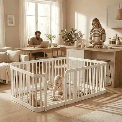 Parque infantil modular para bebés 140 x 200 cm - distância segura entre as barras de 7 cm, bordas arredondadas, design anti-encravamento no chão, utilização versátil em casa e com animais de estimação - branco Parque infantil modular para bebés 140 x 200 cm - distância segura entre as barras de 7 cm, bordas arredondadas, design anti-encravamento no chão, utilização versátil em casa e com animais de estimação - branco
