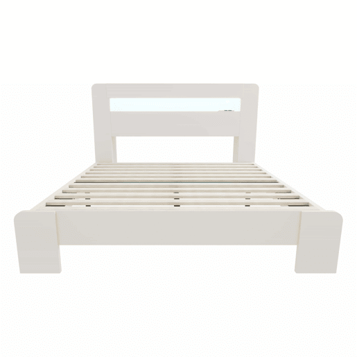 Cama de plataforma em madeira 140 x 200 cm - com arrumação na cabeceira, iluminação LED e tomadas integradas, estilo moderno - branco