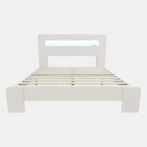 Cama de plataforma em madeira 140 x 200 cm - com arrumação na cabeceira, iluminação LED e tomadas integradas, estilo moderno - branco