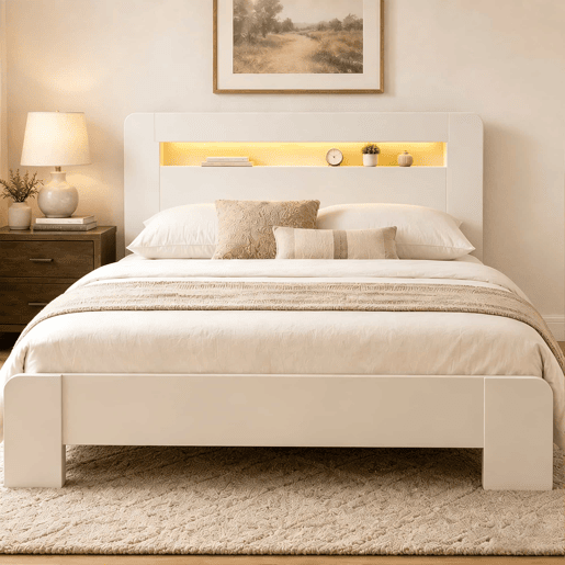 Cama de plataforma em madeira 140 x 200 cm - com arrumação na cabeceira, iluminação LED e tomadas integradas, estilo moderno - branco
