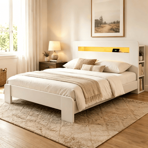 Cama de plataforma em madeira 140 x 200 cm - com arrumação na cabeceira, iluminação LED e tomadas integradas, estilo moderno - branco