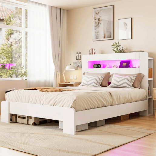 Cama de plataforma em madeira 140 x 200 cm - com arrumação na cabeceira, iluminação LED e tomadas integradas, estilo moderno - branco