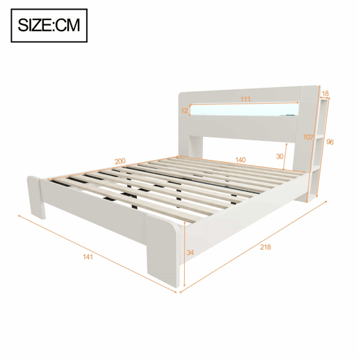 Cama de plataforma em madeira 140 x 200 cm - com arrumação na cabeceira, iluminação LED e tomadas integradas, estilo moderno - branco