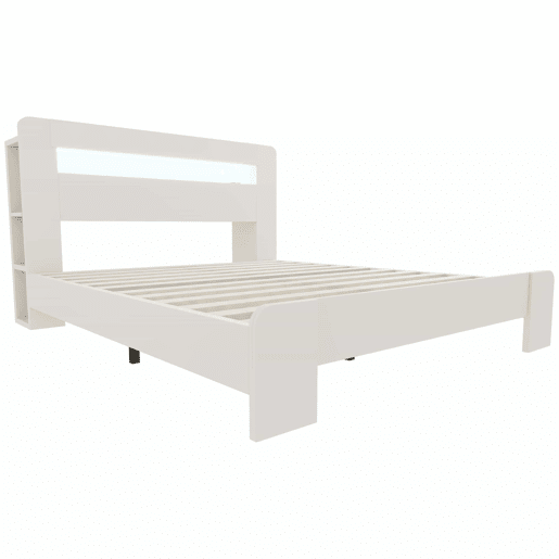 Cama de plataforma em madeira 140 x 200 cm - com arrumação na cabeceira, iluminação LED e tomadas integradas, estilo moderno - branco