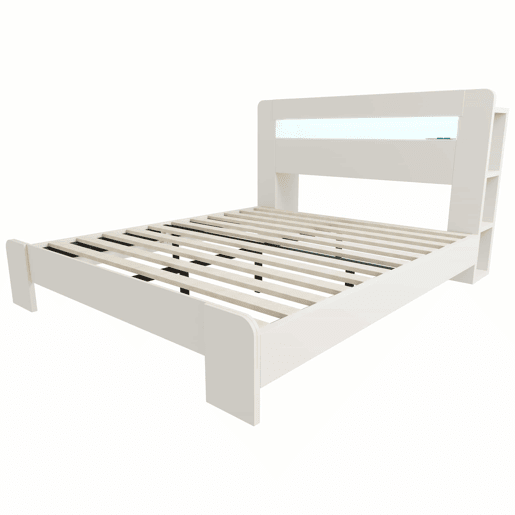 Cama de plataforma em madeira 140 x 200 cm - com arrumação na cabeceira, iluminação LED e tomadas integradas, estilo moderno - branco