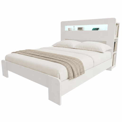 Cama de plataforma em madeira 140 x 200 cm - com arrumação na cabeceira, iluminação LED e tomadas integradas, estilo moderno - branco