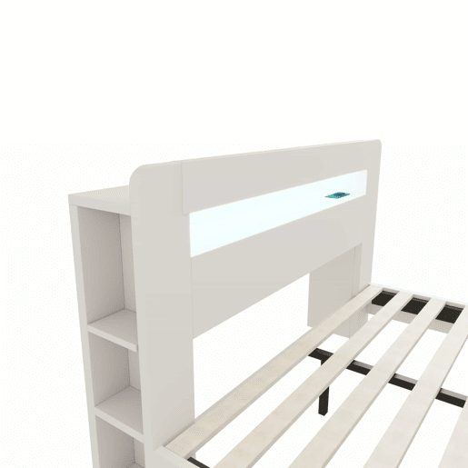 Cama de plataforma em madeira 140 x 200 cm - com arrumação na cabeceira, iluminação LED e tomadas integradas, estilo moderno - branco