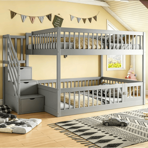 Beliche 140x200 - escada de segurança, gavetas e cama com arrumação para crianças e adolescentes - cinzento