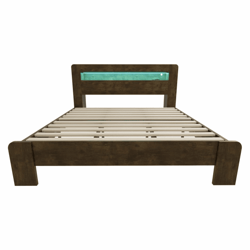 Cama de plataforma 180x200 - arrumação na cabeceira, LED, tomadas integradas, moderna - madeira vintage