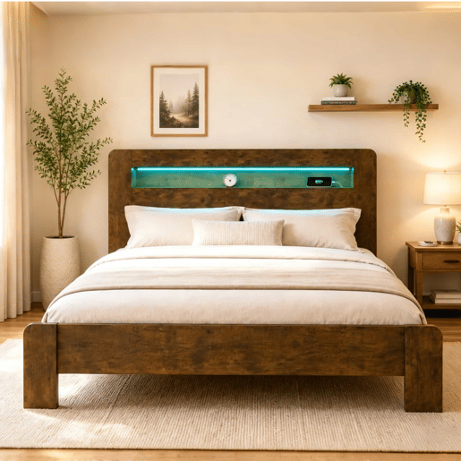 Cama de plataforma 180x200 - arrumação na cabeceira, LED, tomadas integradas, moderna - madeira vintage