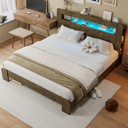Cama de plataforma 180x200 - arrumação na cabeceira, LED, tomadas integradas, moderna - madeira vintage