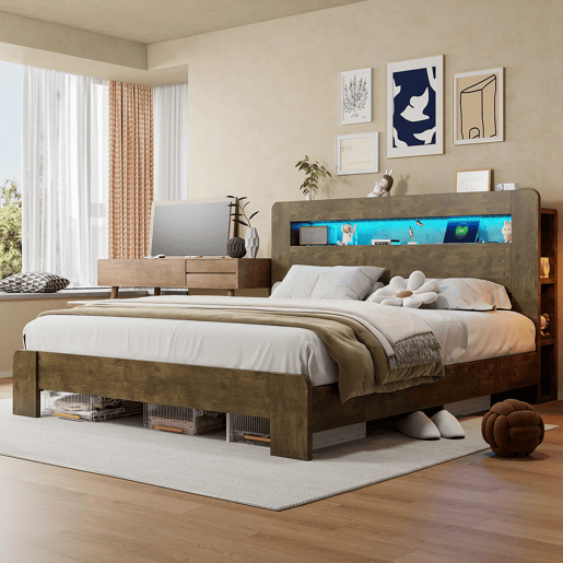 Cama de plataforma 180x200 - arrumação na cabeceira, LED, tomadas integradas, moderna - madeira vintage