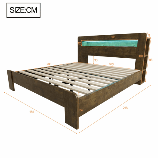 Cama de plataforma 180x200 - arrumação na cabeceira, LED, tomadas integradas, moderna - madeira vintage