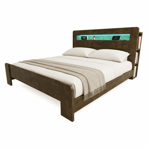 Cama de plataforma 180x200 - arrumação na cabeceira, LED, tomadas integradas, moderna - madeira vintage
