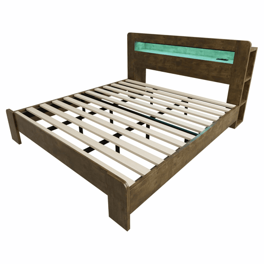 Cama de plataforma 180x200 - arrumação na cabeceira, LED, tomadas integradas, moderna - madeira vintage