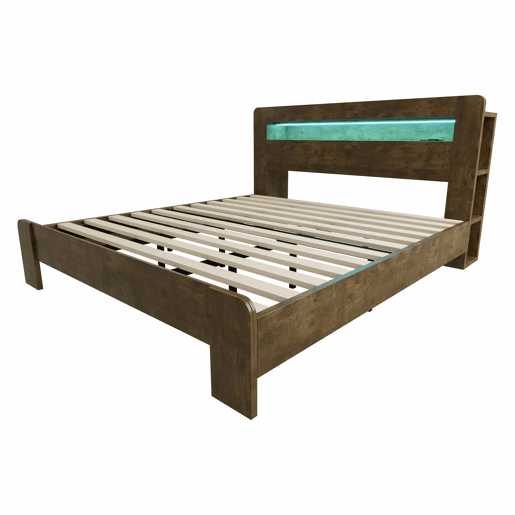 Cama de plataforma 180x200 - arrumação na cabeceira, LED, tomadas integradas, moderna - madeira vintage
