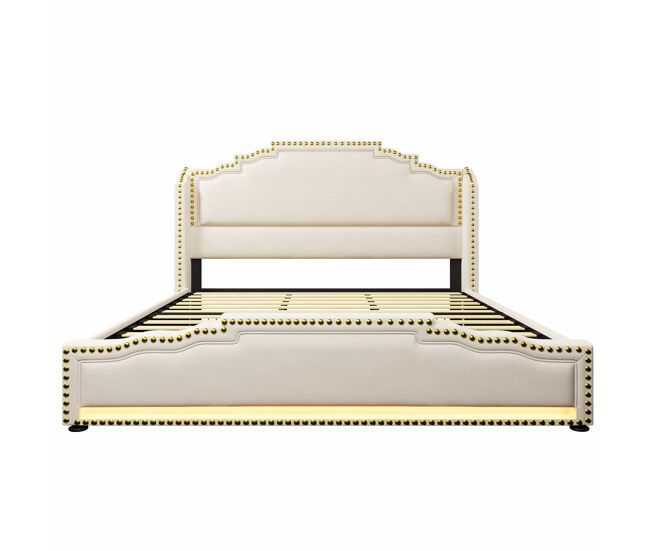 Cama tapizada 180x200 - cama doble con 4 cajones, iluminación led, puerto usb-c, almacenamiento, somier de láminas - beige